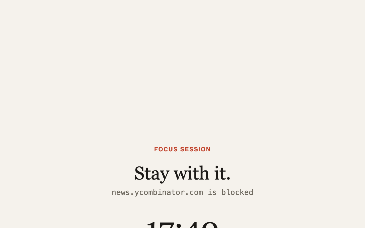 The ForgeWall blocked page: Stay with it, with the blocked site and the time left in the session.