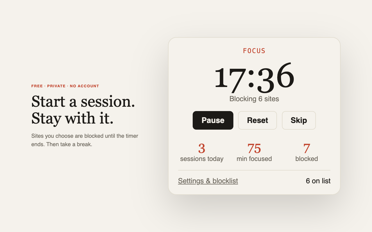 The ForgeWall popup showing a focus session counting down, with today's sessions, focused minutes and blocked attempts.