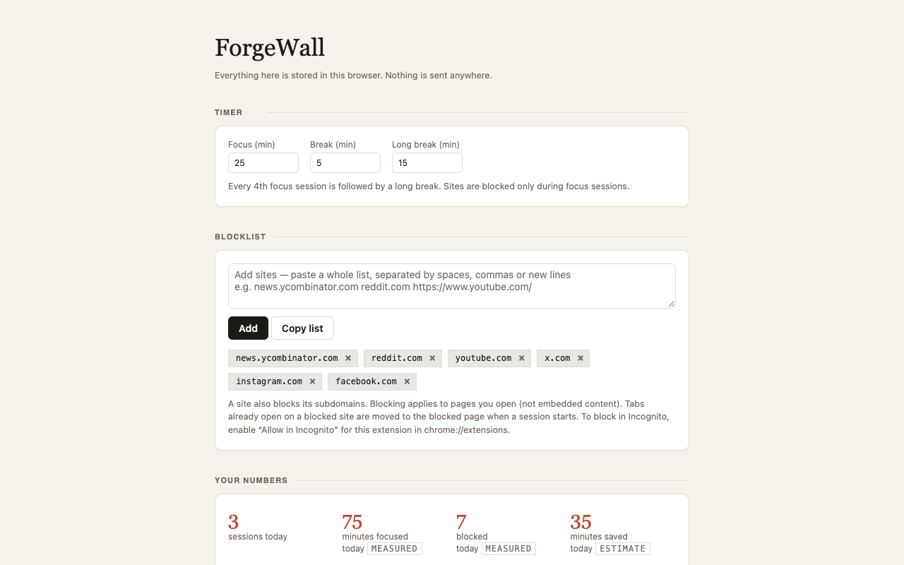 The ForgeWall settings page with timer lengths, the blocklist and measured and estimated statistics.